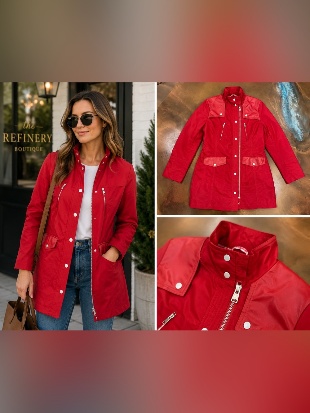 SAMANTHA SIPOS - Red Trench Coat with Silver Buttons and Zipper NWT